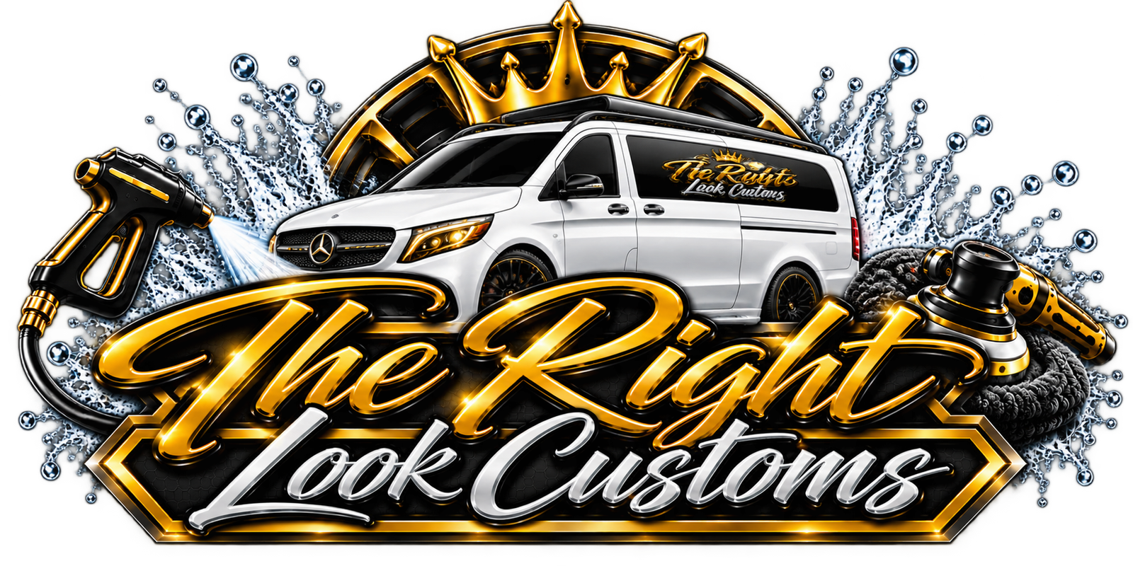 The Right Look Customs logo with white Mercedes van